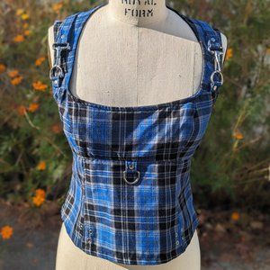 Rare Vintage 90's Lip Service Blue Plaid Zip Up Top With Buckles Size Medium